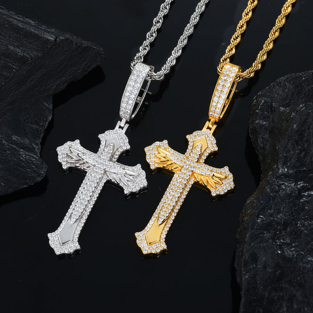 Feather cross pendant worn